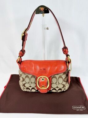 Coach Bleecker Red /Tan Leather Canvas Legacy Flap Soho Handbag #11441 EUC
